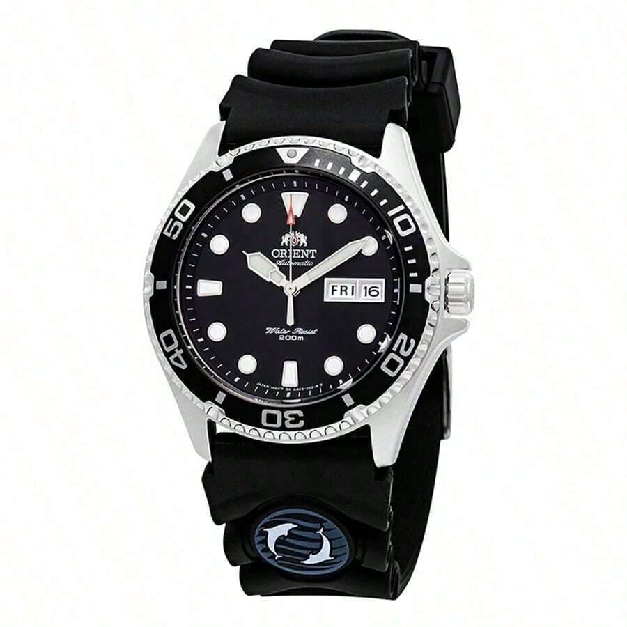 Orient Reloj mecánico deportivo y de buceo resistente al agua con diseño de doble león importado de Japón, para hombres, esfera negra con escala de puntos/resina FAA02007B9 FAA02008D9