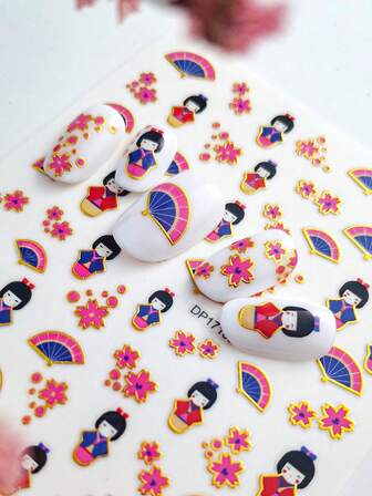 Tiebeauty 1 Sheet Self - Adhesive DIY Nail Stickers: Japanese Style, Cute Japanese Dolls, Traditional Fan Patterns And Cherry Blossom Patterns,Suitable For Female Girls To Create DIY Nail Decoration.