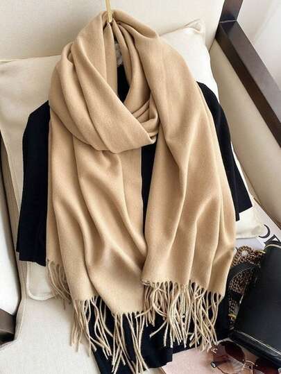 1条女士流苏羊绒围巾，加厚保暖披肩，纯色，多功能颈部保暖围巾，秋冬季连衣裙搭配