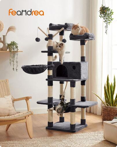 Feandrea Cat Tree, Large Cat Tower, 64.6 Inches Cat Activity Center Cat Condo, Smoky Gray