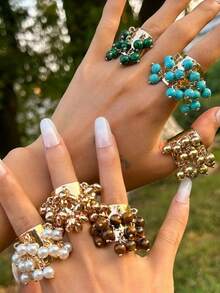 1pc Metal Material Multi Faux Pearl, Turquoise, Amber Decor Open Ring Pendant, Suitable For Women Wear On Various Occasions