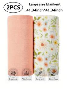 2条装柔软棉纱布襁褓毯，透气轻薄，适合新生儿及婴幼儿，男女宝宝均适用，卡通图案 - 彩色 - 查看 9