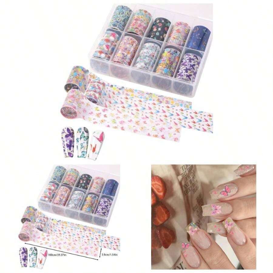 Print Nail Art Foils Transfer Stickers 10Pcs Print Nail Foils Adhesive Decals Nail Art Supplies Laser Starry Sky Paper Manicure Accessories Women Fall Nail Art Decorations - 彩色 - 查看 1