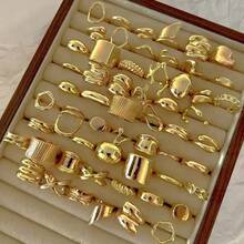 15 件几何不对称纹理液体形状心形水滴十字交叉多层简约纯色圆形波浪金属风格戒指套装，时尚优雅复古设计，适合节日、派对、约会、礼物、日常佩戴 - 金黃色 - 查看 6