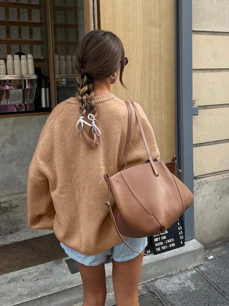Autumn/Winter New Girl Style Round Neck Long Sleeve Knit Sweater, Women's Loose Minimalist Versatile Drop Shoulder Pullover - Maca Color - View 1