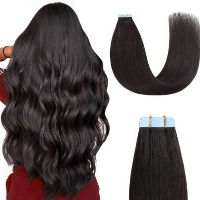 CEXXY Extensiones de cabello humano brasileño liso con cinta adhesiva, 100 % cabello humano Remy, sin costuras, naturales, invisibles, con trama de piel, largas, suaves y sedosas, para cabello fino o grueso, reutilizables, resistentes al calor para mujeres, de 40 a 60 cm, autoadhesivas, calidad de salón.