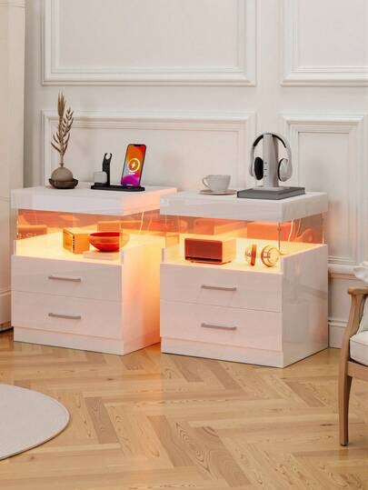 Nightstand With Charging Station And LED Lights, High Glossy White Night Stand With Acrylic Open Shelf, Bedside Table With Drawers, Modern End Side Table For Bedroom