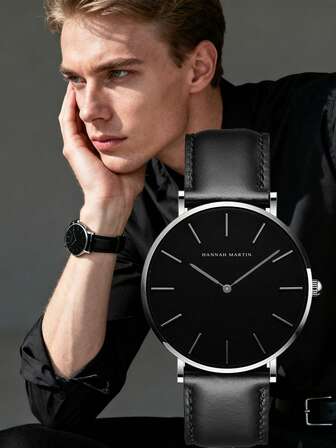 HANNAH MARTIN 1 st. herrklocka för avslappnad användning, svart och brun PU-läderklocka, minimalistisk herrkvartsklocka, i kombination med en svart utsökt ask, perfekt presentval