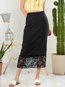 Women's Satin Half Slip Lace Long Underskirt For Under Dresses Elastic Waist Long Slips For Dresses Lingerie Skirt Floral Lace Mini Skirts Extender - 黑色 - 查看 2