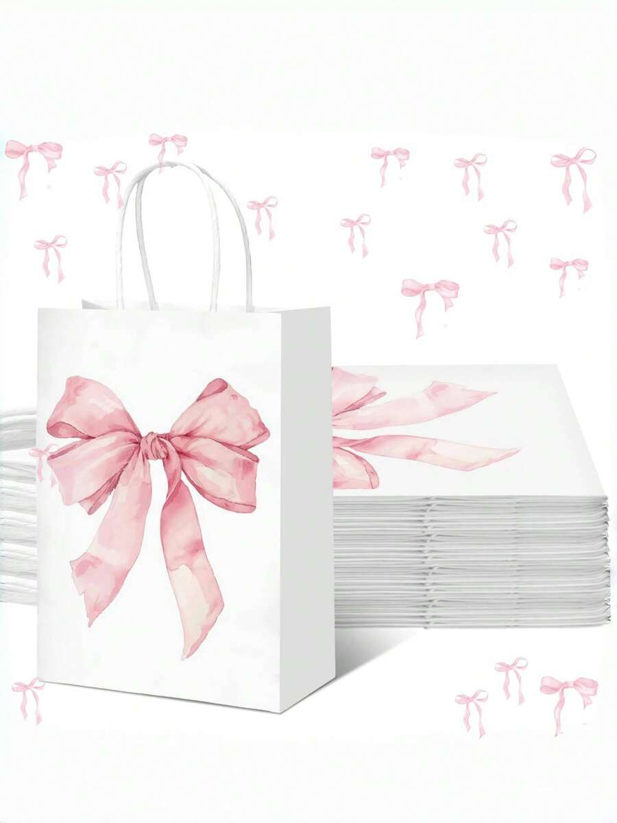 6/12/20 Stücke rosa Schleifen Geschenktüten aus Papier, geeignet für Geburtstage von Frauen, Weihnachtspartys, Süßigkeitentüten mit Griffen, passend für Braut-Verlobungspartyzubehör, Geschenk-Süßigkeitentüten (weiß, große Schleife)