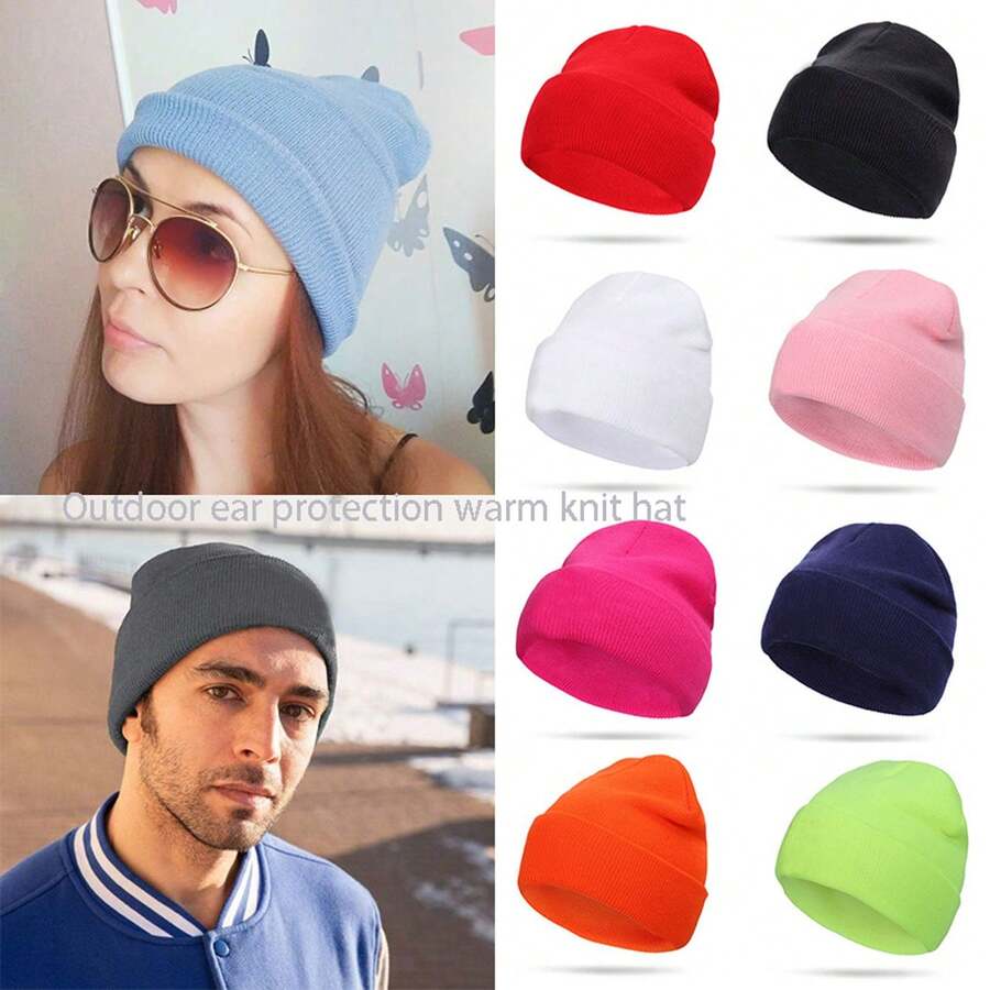 Solid Color Outdoor Ear Warmer Knit Beanie Hat, Unisex
