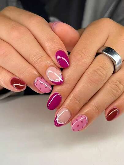 Podnieś swój styl, 24 szt. Y2K krótkie owalne różowe czerwone paznokcie typu french press on z różowoczerwoną kokardką i wzorem w kropki, różowy styl dla dziewczyn, idealnie dopasowany zestaw akrylowych sztucznych paznokci, w tym 1 żelowa nić i 1 pilnik do paznokci, paznokcie artystyczne dla dziewczynek, do codziennego użytku na imprezach i spotkaniach