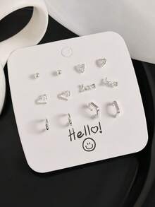 Set de 6 pares de aretes con diseño de corazón y forma de C chapados en plata para mujeres, regalo para mamá o novia