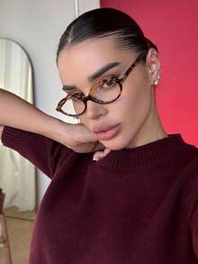 1pc Tortoiseshell Retro Small Frame Oval Women's Fashion Glasses, Reading Glasses For School And Study, Black Glasses - Leopard Print Frame White Piece - View 3