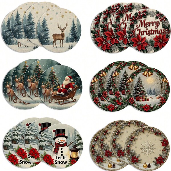 4/6/8pcs Christmas Placemats - Vintage Snowman, Flower, Christmas Tree, Santa Claus Sled Pattern, Washable Round Winter Dining Table Decor, Kitchen & Dining Party Decoration - 14.17 Inch