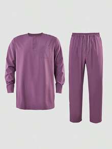 Purple Three Pieces Agbada Attire For Men, Long Colorblock Embroidered Robe And Dashiki Shirt & Elastic Waist Pants, Traditional African Attire For Ceremonies, Wedding, Cultural Celebrations, Festivals, Elegant African Fashion For Men, Royal & Elegant Style