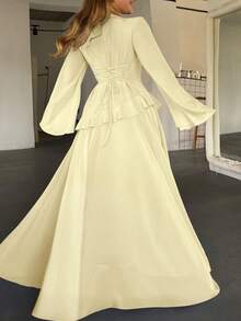 Váy xòe tay loe buộc eo xếp nếp chắp vá thanh lịch dành cho nữ, Xuân/Hè - Vàng nhạt - Xem 4