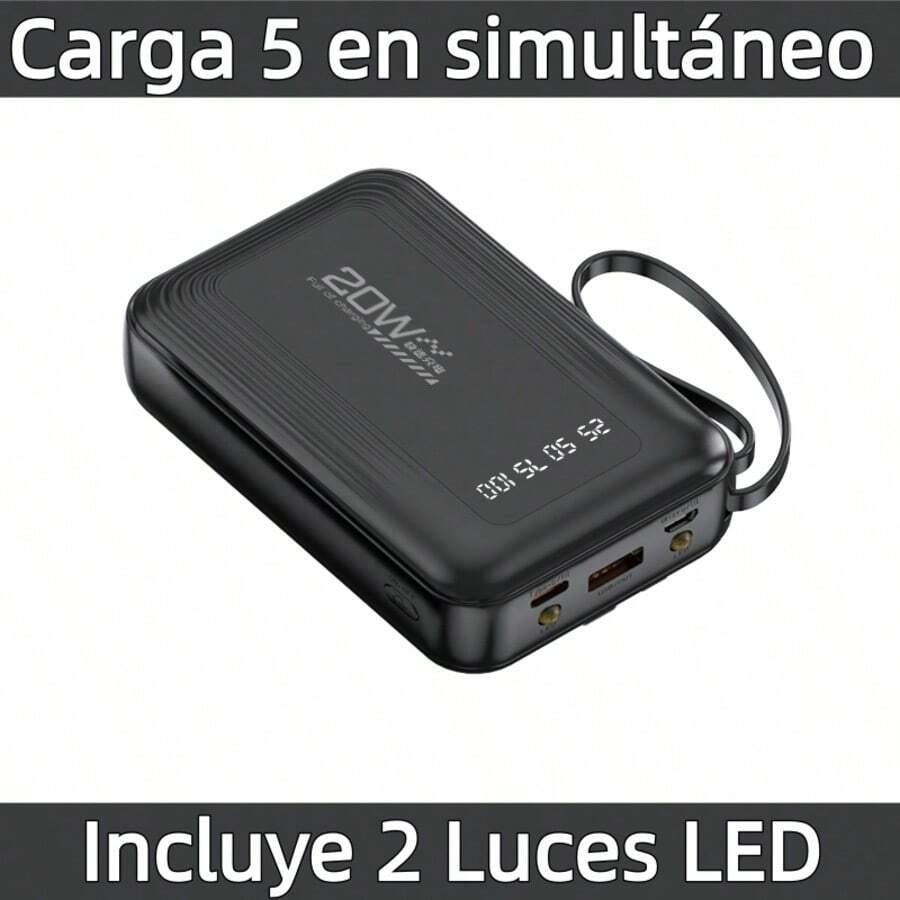 Batería Portátil para Celular 2026 - Nueva Versión: Gran Capacidad de 20000mAh, Pila Portátil Mini con 4 Cables Incluidos. Compacta y Ultraportátil para Todos los Celulares, Tabletas y Dispositivos - 2 Luces LED para Apagones y Outdoor - Permitida en Aviones - Serie Jiditech A20/A20Pro. - A20-Negro - Ver 1