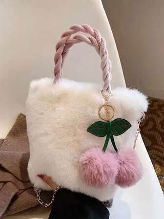 Girls' Plush Cherry Bag, New Style Plush Faux Leather Tote - Detachable Pink Chain Shoulder Strap And Green Cherry Decoration, Plush Crossbody Bag With Magnetic Closure Design, Essential For Autumn And Winter, Suitable For Both Casual And Formal Occasions, Soft Material Fashionable Accessory, Durable Fabric, Barrel-Shaped Handbag, Winter Item, A Must-Have For Fashion Enthusiasts