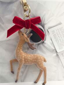 冬季植绒鹿蝴蝶结可爱吊坠、钥匙扣配件、包包饰物圣诞礼物 - 彩色 - 查看 4