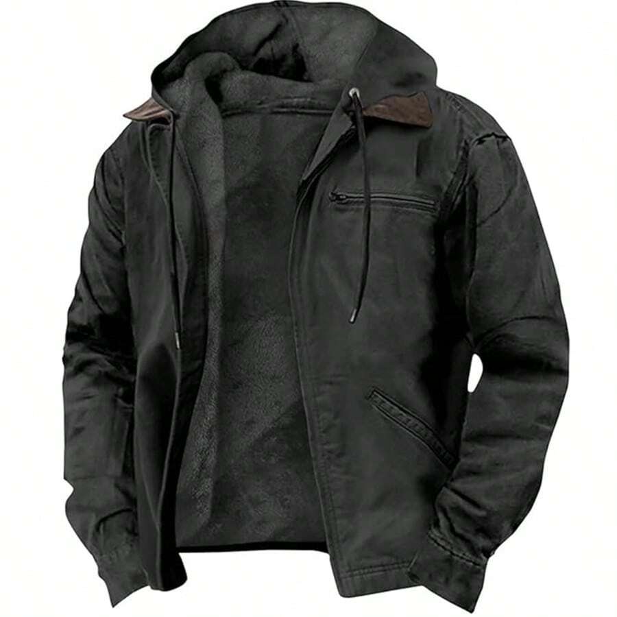 ​​Jackets For Men,Men's Solid Color Hooded Cotton-Padded Jacket – Fleece-Lined With Zip Pockets​ - 黑色 - 查看 1