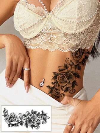 1pc Large Waterproof Temporary Tattoo, Old-School Black Rose Tattoo Design, Sexy Waist Fake Tattoo Sticker, Thigh Tattoo, Foot Arm Body Art Disposable Tattoo Sticker, Suitable For Arm, Back, Chest, Calf Realistic Paper Tattoo