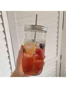 1 Piece (Set) Large-Capacity Heat-Resistant Transparent Glass Mason Jar (With Lid And Straw), Suitable For Boba Milk Tea, Coffee, Juice And Cold Drink - Trong sáng - Xem 13