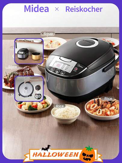 Midea 5L Smart Reiskocher: 11-in-1 Küchenzauberer für gesunde Mahlzeiten | Multifunktionskocher (Dampfgaren/Backen/Langsamgaren) + Cakemaker-Modus | 24-Stunden-Timer für Overnight Oats & Babynahrung | BPA-freier Antihaft-Topf, Warmhaltefunktion | Schickes Design in Schwarz & Silber