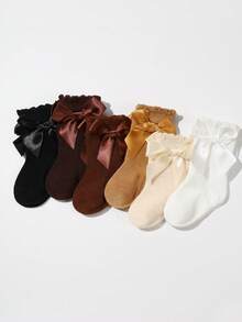 6 Pairs Baby Solid Color Bow Bubble Mouth Warm Mid-Calf Socks, Princess Socks, Autumn/Winter