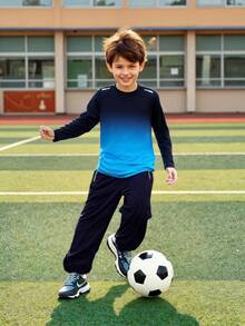2pcs/Set Boys' Casual Sports Gradient Line Print Long Sleeve T-Shirt And Zipper Pocket Pants, Suitable For School, Daily Sports, Warm-Up Training - Blue - View 3