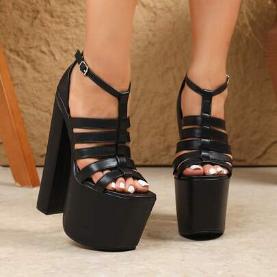 18 cm Sandalias de tacón alto elegantes con punta abierta, sandalias cómodas con suela gruesa, sandalias clásicas de primavera/verano para damas