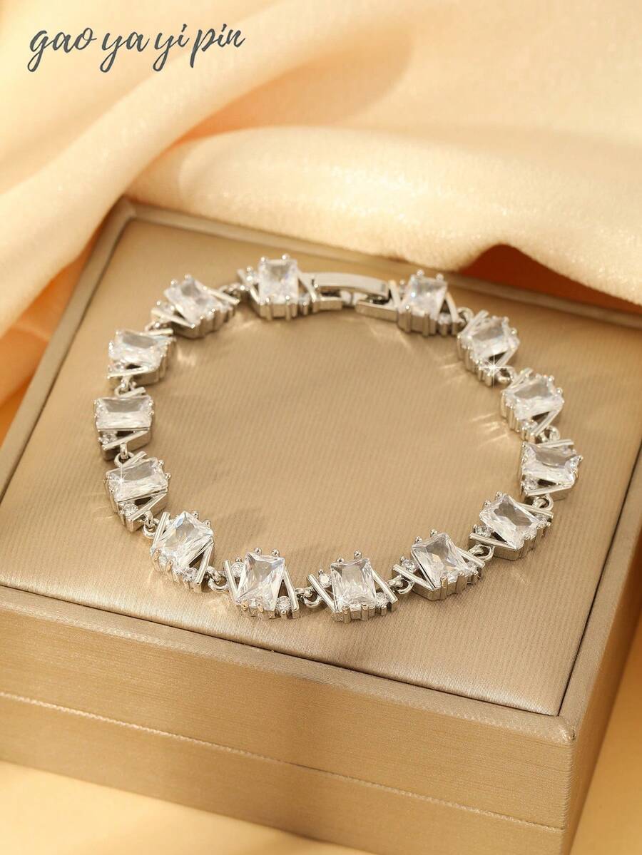 1pc Square Cubic Zirconia Embellished Chain Bracelet, Suitable For Women's Wedding, Engagement, Party Jewelry