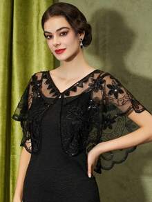 Elegant Vintage Style Sequin Embellished 1pc Polyester Shawl - Handcrafted Beaded Capelet, Elastic Net Mesh Party Accessory For Women - Black - View 5