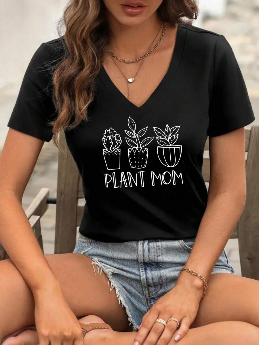 Women's V-Neck T-Shirt Plant Mom Graphic Tee For Ladies, Casual Summer Short Sleeve Top With Cactus Design, Comfortable Cotton Blend Fabric, Perfect For Plant Lovers And Gardening Enthusiasts, Clothing Fashion Style For Everyday Wear - màu đen - Xem 1