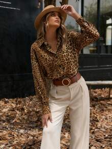 Women's Elegant Leopard Print Full Body Button Down Long Sleeve Casual Shirt, Autumn Middle Eastern Style Casual And Formal Leopard Print Shirt - Yellow - View 3