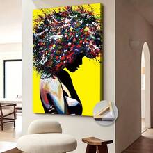 1 pièce Affiche encadrée sur canevas abstraite, Peinture d'une femme afro aux cheveux colorés, Œuvre d'art sur canevas pour mur, Peinture murale pour cadeau d'anniversaire, chambre à coucher, bureau, salon, décoration murale, décoration de la maison et du dortoir