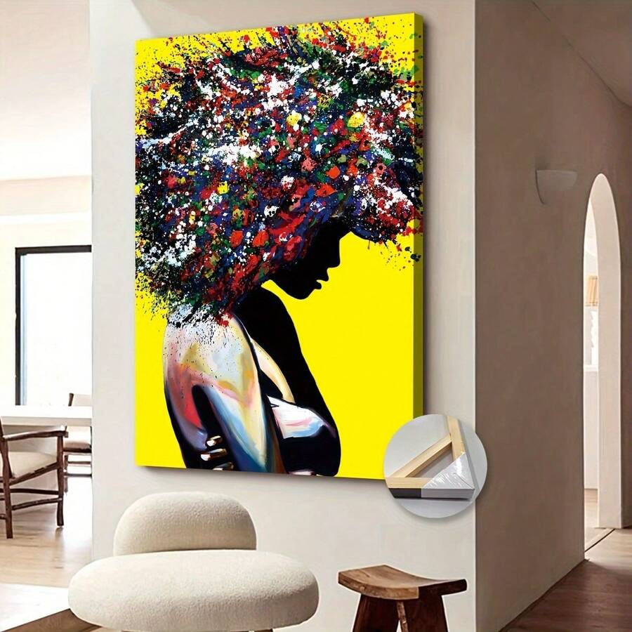 1 pièce Affiche encadrée sur canevas abstraite, Peinture d'une femme afro aux cheveux colorés, Œuvre d'art sur canevas pour mur, Peinture murale pour cadeau d'anniversaire, chambre à coucher, bureau, salon, décoration murale, décoration de la maison et du dortoir