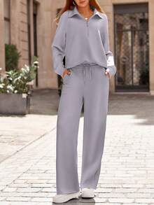 Women's 2 Piece Outfits Casual Lapel Half Zip Sweatshirts And Wide Leg Pants Tracksuit Sets Vacation Spring  Fall Outfits For Women - 灰色 - 查看 1