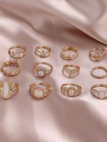 14Pcs/Lot Vintage Elegant Gorgeous Charming Personalized Women Men Rings With Rhinestones Hollowed Out Carved Patterns Engagement Wedding Valentine's Day Gifts Daily Wearing Jewelry Accessories