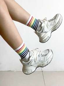 3 pares de calcetines a rayas de colores del arcoíris, calcetines transpirables de media pantorrilla, estilo callejero, adecuados para primavera, otoño e invierno