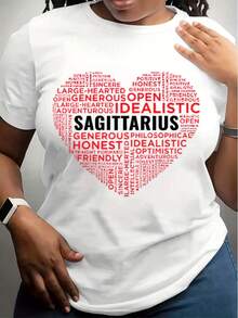 Women's T-Shirt With Red Heart Word Art SAGITTARIUS Zodiac Sign Design, Ideal For Casual Wear And Astrology Lovers,220g - trắng - Xem 1
