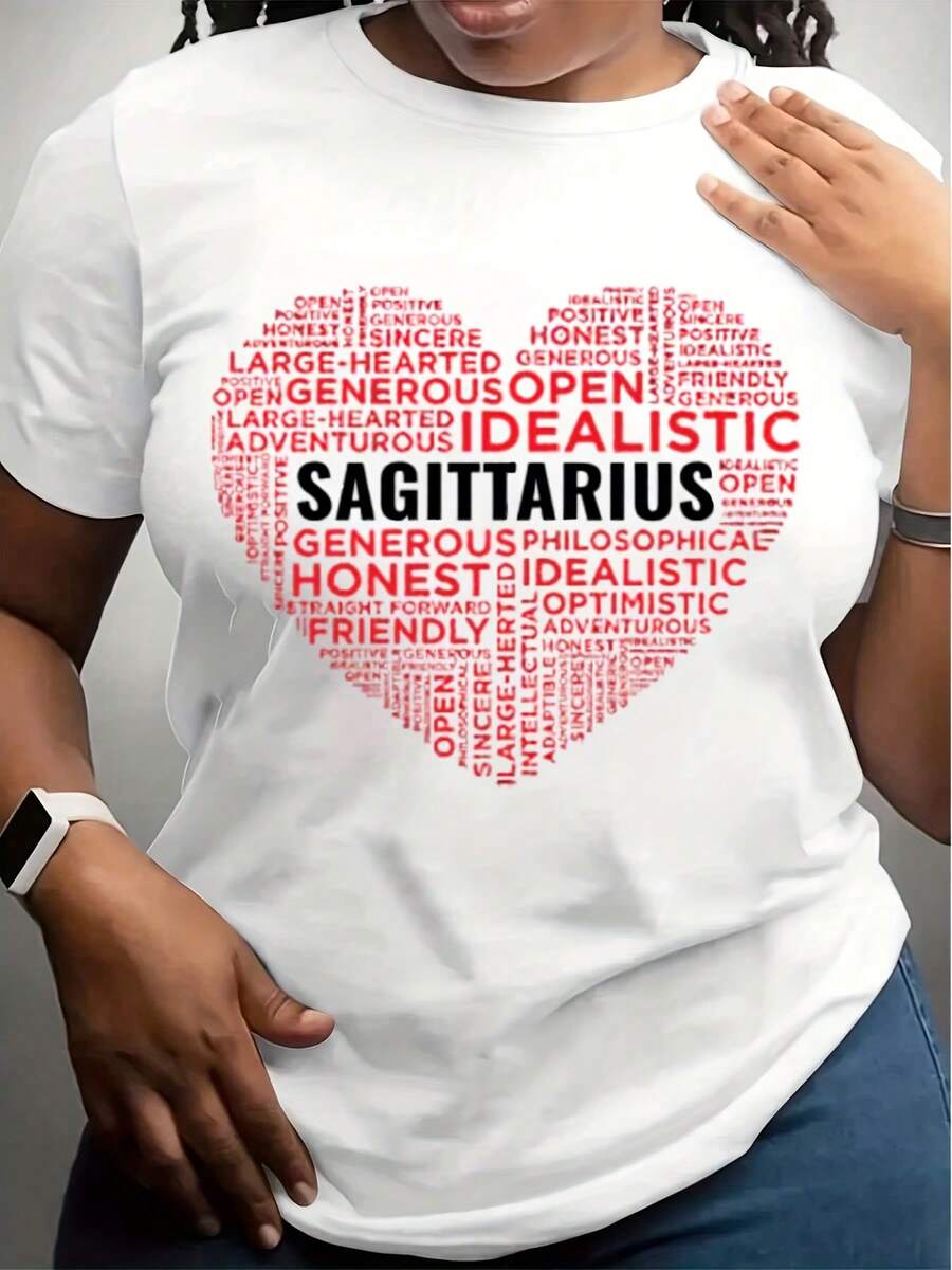 Women's T-Shirt With Red Heart Word Art SAGITTARIUS Zodiac Sign Design, Ideal For Casual Wear And Astrology Lovers,220g - trắng - Xem 1