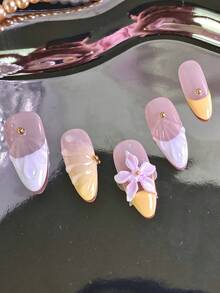 10 pezzi Unghie finte da donna a mandorla, punte francesi artigianali 3D con decorazioni floreali e gocce d'acqua multicolore, unghie acriliche lucide e complete, set per manicure con colla per unghie, regalo per Natale, feste di compleanno, collezione di unghie natalizie