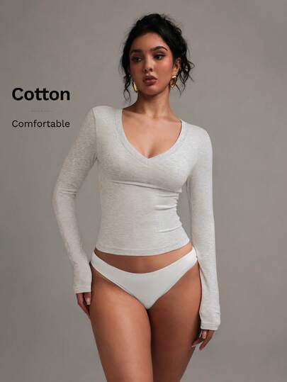 XLLAIS Women's Soft & Comfortable Casual Long Sleeve V-Neck T-Shirt, Gray, Stretchy Cotton Fabric