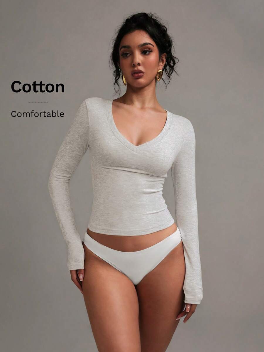 XLLAIS 女士柔软舒适休闲长袖V领T恤，灰色，弹力棉面料 - 淺灰色 - 查看 1