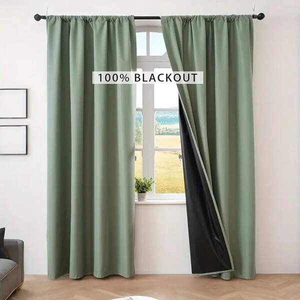 1pc 100% Blackout Solid Green Curtain, Suitable For Villa, Farmhouse, Balcony, Living Room, Bedroom, 140gsm Blackout Curtain