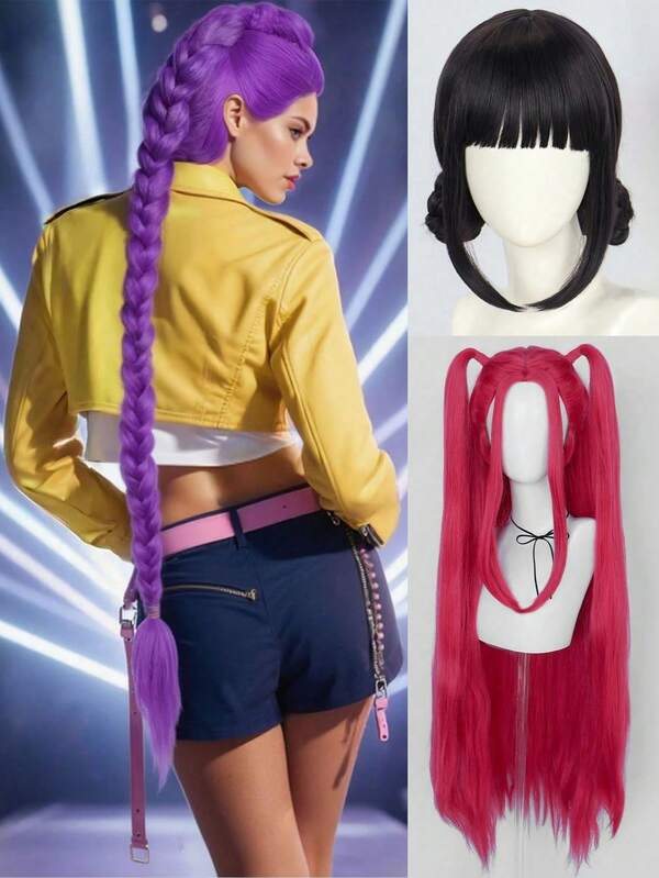 Trio de pelucas temáticas, ¡un favorito para el cosplay de Halloween! Una solución integral para looks de ídolos, accesorios de cosplay de Halloween, transformación de look de ídolo, pelucas K-Pop, pelucas de estilo de ídolo, diseño de peinados grupales, estética de ídolo, solución integral de pelucas, cabello sintético realista, asistentes a fiestas de Halloween, entusiastas del cosplay (incluye 3 estilos, solo se enviará una peluca y no se incluye una cabeza de maniquí).