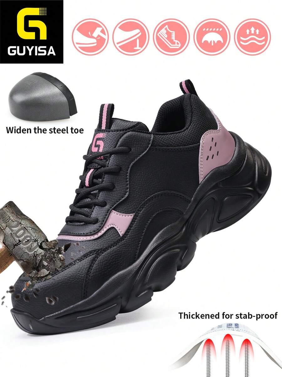 GUYISA Zapatos de seguridad para mujer con puntera de acero, anti-aplastamiento, anti-perforación, ligeros, color negro y rosa, superficie de cuero de moda, impermeables, suela de goma, adecuados para todas las estaciones