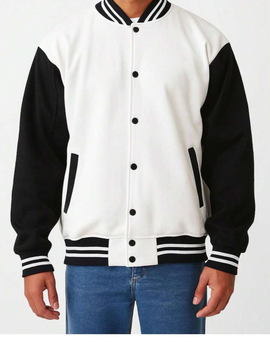 chamarra tipo beisbolera de broches a dos colores hueso y negro  tela felpa - Blanco - Ver 1