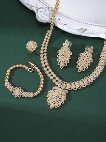 4pcs Luxury Bridal Jewelry Set For Women, Includes Zirconia Necklace And Earrings, Suitable For Middle Eastern Dubai Wedding And Party